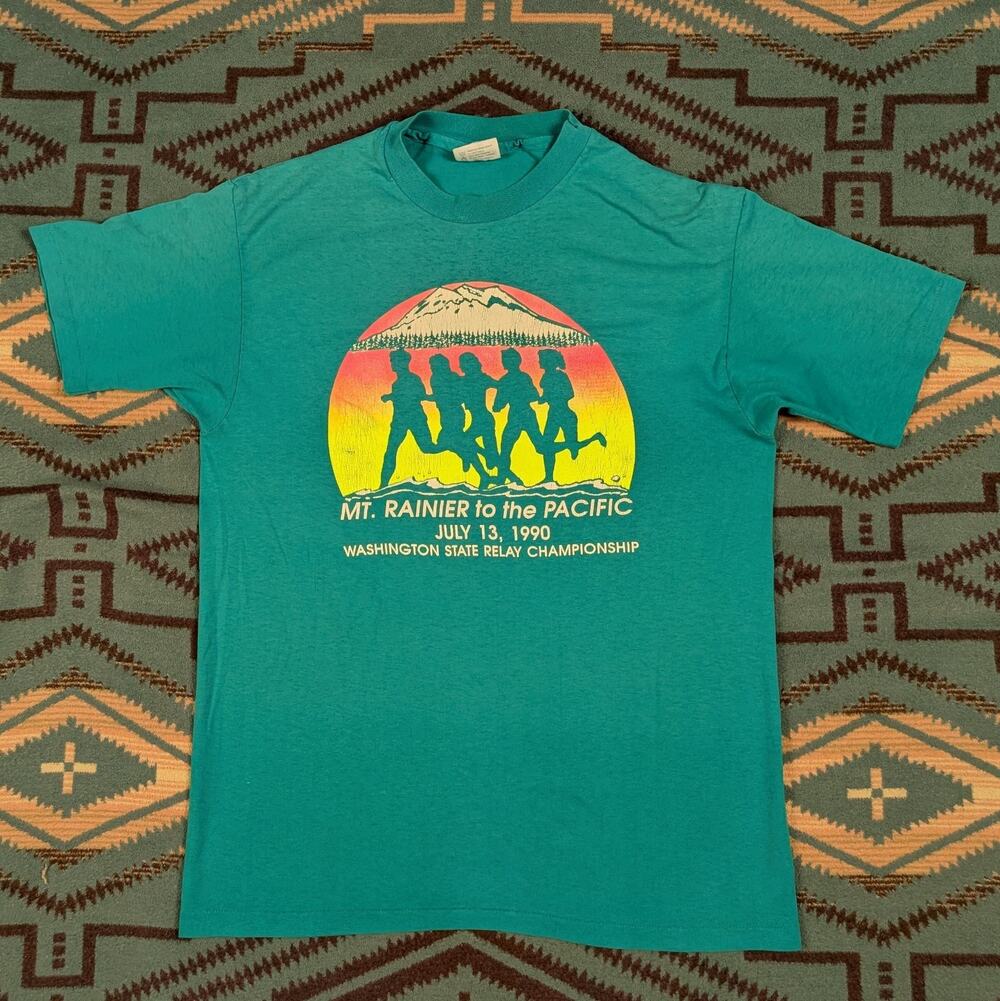 Vintage Mt Rainer To The Pacific Run Shirt Mens Medium Blue 1990 Single Stitch